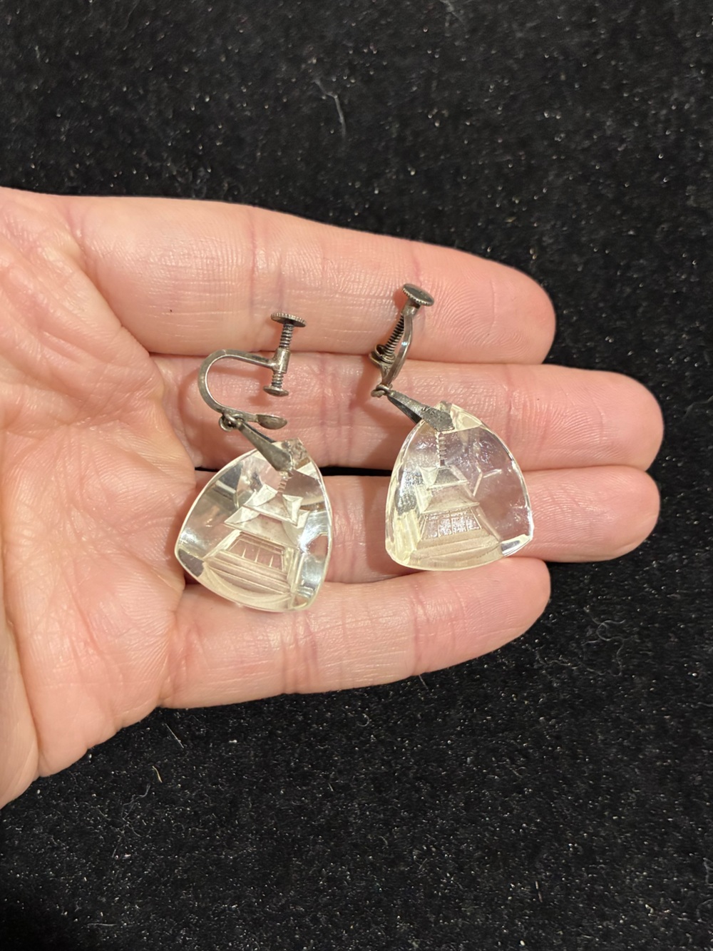 Antique Art Deco Rock Crystal Reverse Intaglio Pagoda Earrings